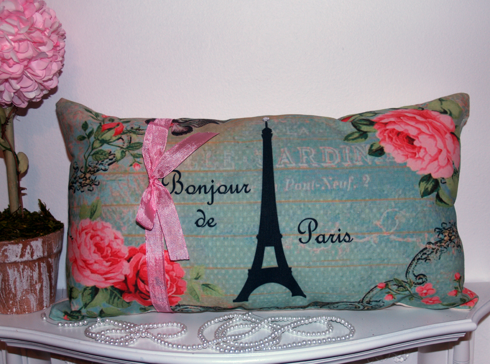 Bonjour De Paris Eiffel Tower and Shabby Rose Decorative Pillow Home Decor