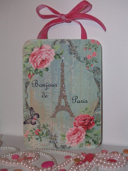Bonjour de Paris Shabby Eiffel Tower Wall Plaque GLAM German Glass Glitter Sign Decor