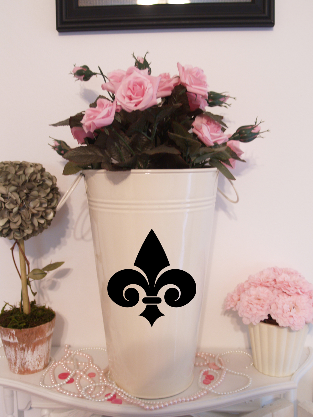 French Market Fleur De Lis Ivory Galvanized Tin Bucket Vase with Handles Home Decor