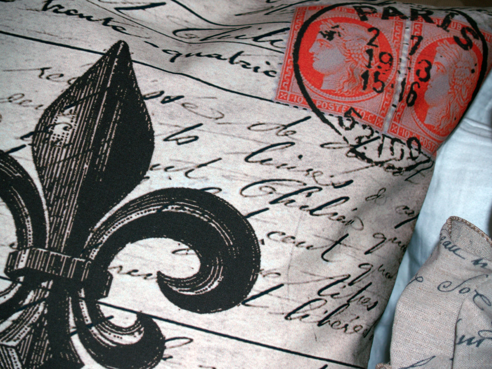French Market Paris Le Fleur De Lis Postcard Script Linen Envelope Style Pillow Cover Home Decor