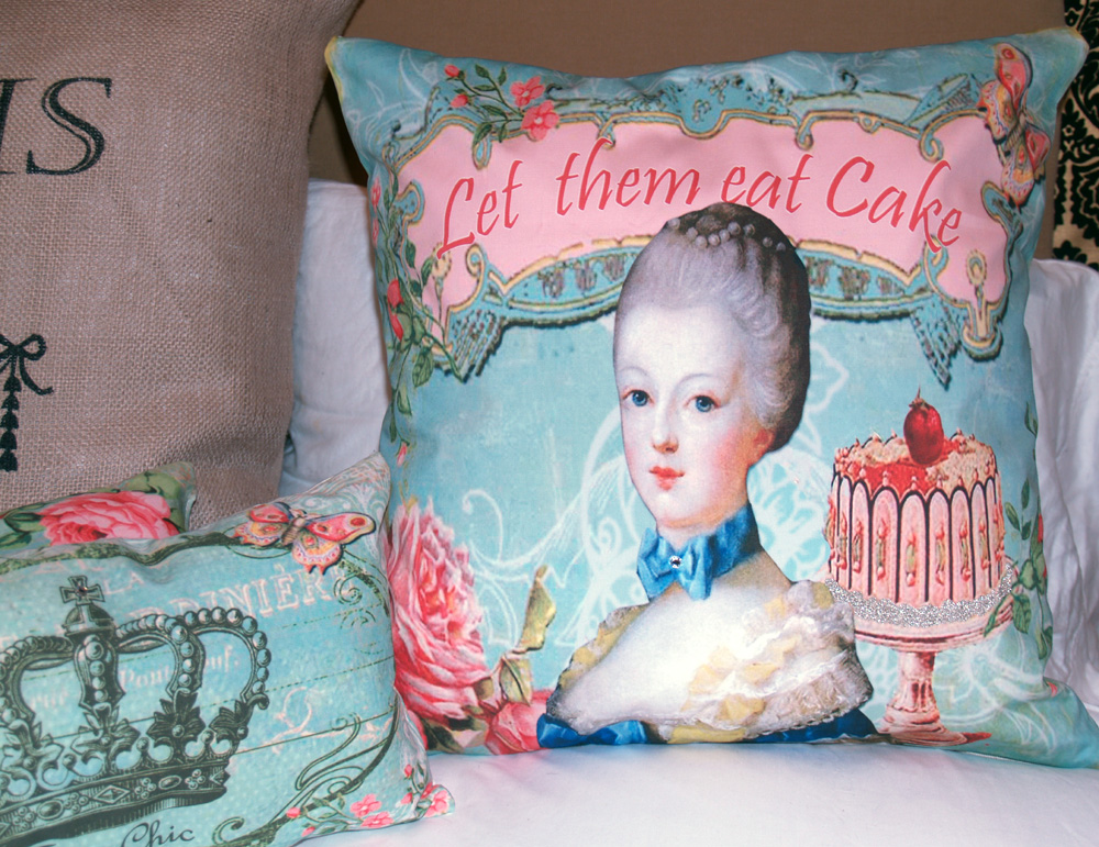 HUGE Let Them Eat Cake Marie Antoinette French Ornate Pillow Cover with Rhinestone and German Glass Glitter - Home Decor