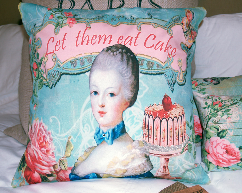 HUGE Let Them Eat Cake Marie Antoinette French Ornate Pillow Cover with Rhinestone and German Glass Glitter - Home Decor