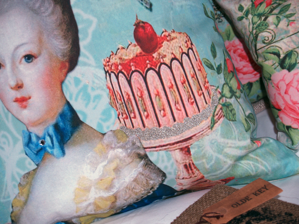 HUGE Let Them Eat Cake Marie Antoinette French Ornate Pillow Cover with Rhinestone and German Glass Glitter - Home Decor