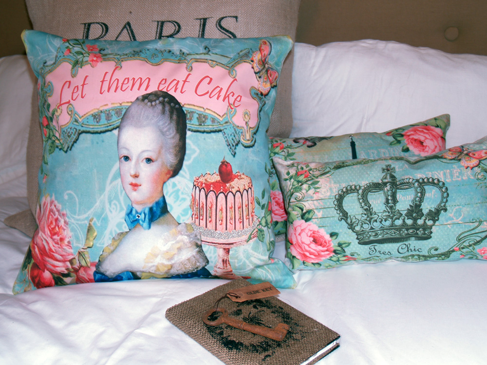 HUGE Let Them Eat Cake Marie Antoinette French Ornate Pillow Cover with Rhinestone and German Glass Glitter - Home Decor