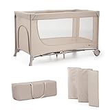 Kinderkraft Joy 2 Lit Parapluie 2 en 1, Lit bébé de la Naissance Jusqu’à 15 kg, 120 x 60 cm, Facile à Plier, Étagères pour Les Couches, Beige
