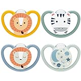 NUK Space Day & Night Tétine pour bébé | 18-36 mois | Sucettes phosphorescentes avec aérations extra-larges pour les peaux sensibles | Zèbre & Lion | Lot de 4